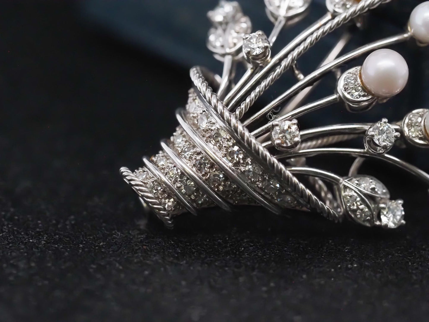 Vintage 18K White Gold Flower Boquet Brooch  Pearls and Diamond - VHK#850