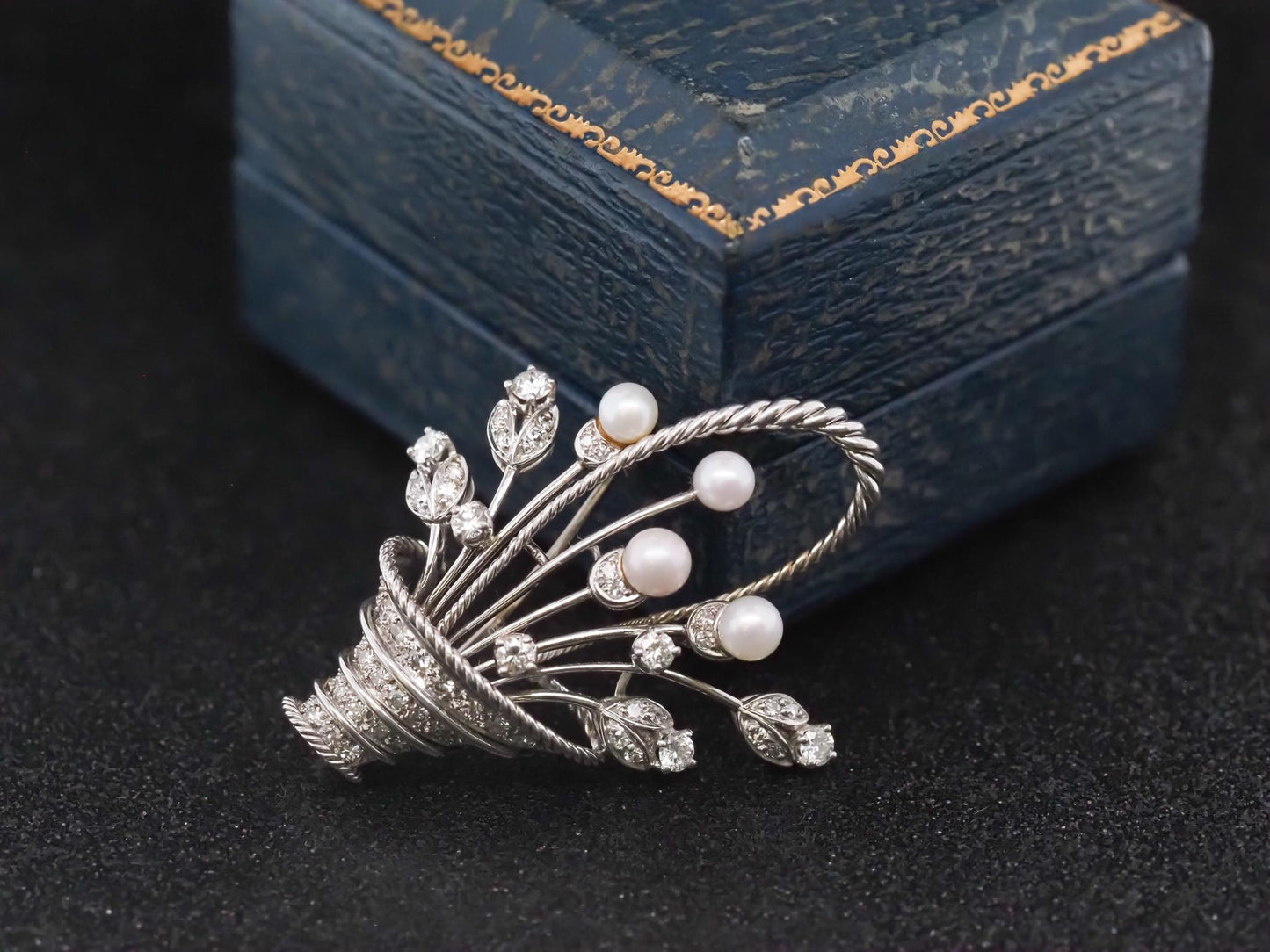 Vintage 18K White Gold Flower Boquet Brooch  Pearls and Diamond - VHK#850