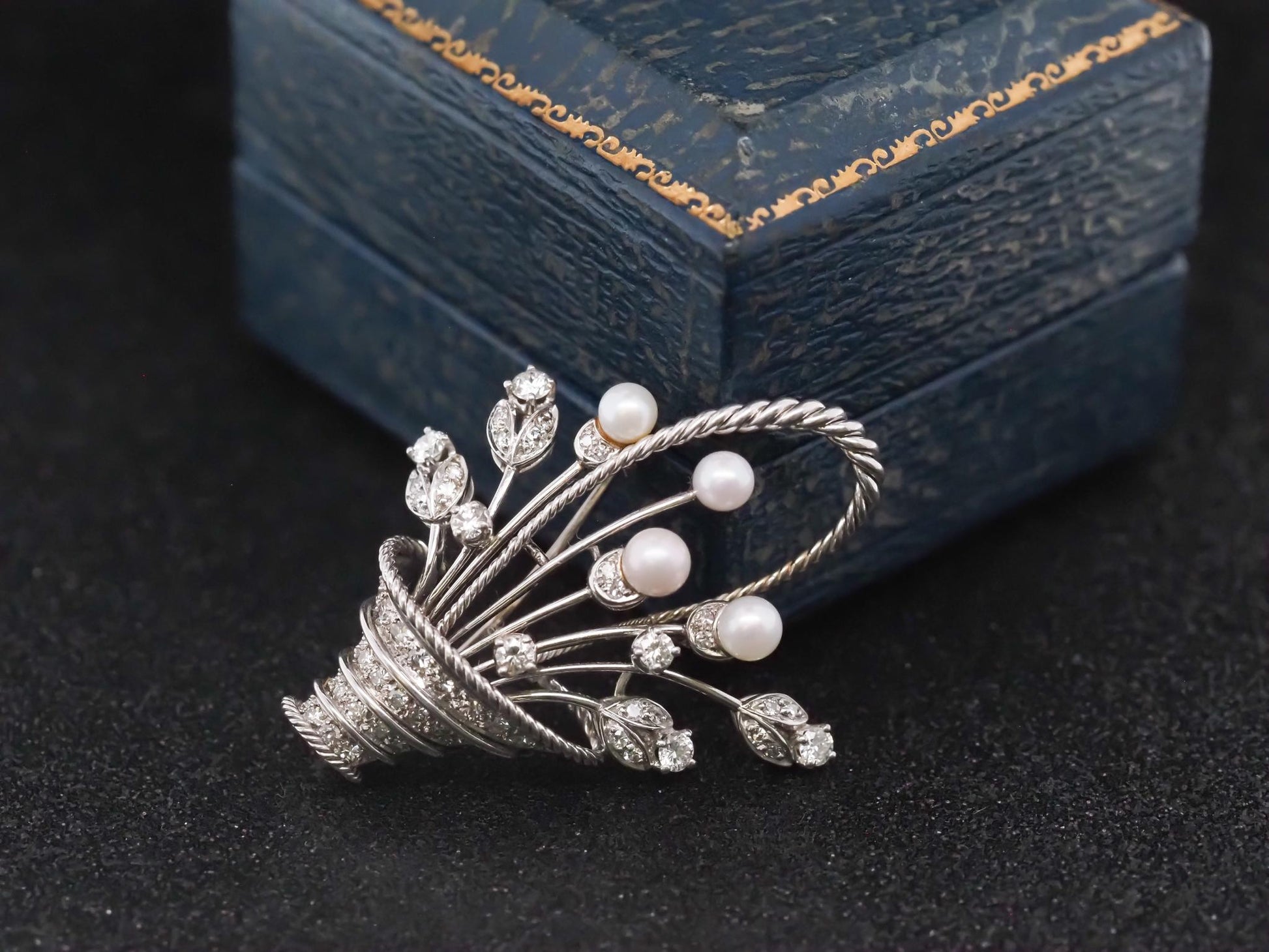 Vintage 18K White Gold Flower Boquet Brooch  Pearls and Diamond - VHK#850