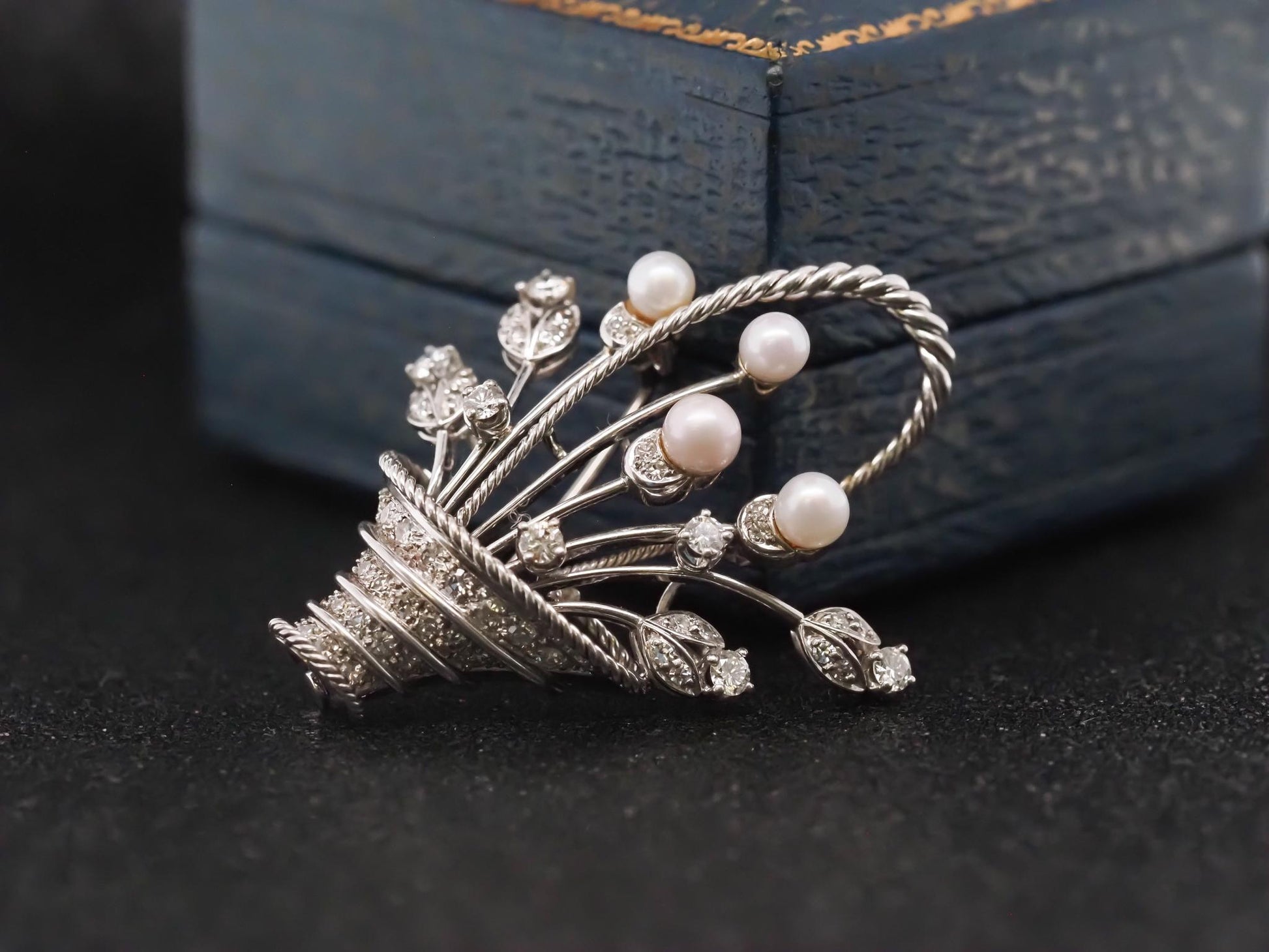 Vintage 18K White Gold Flower Boquet Brooch  Pearls and Diamond - VHK#850