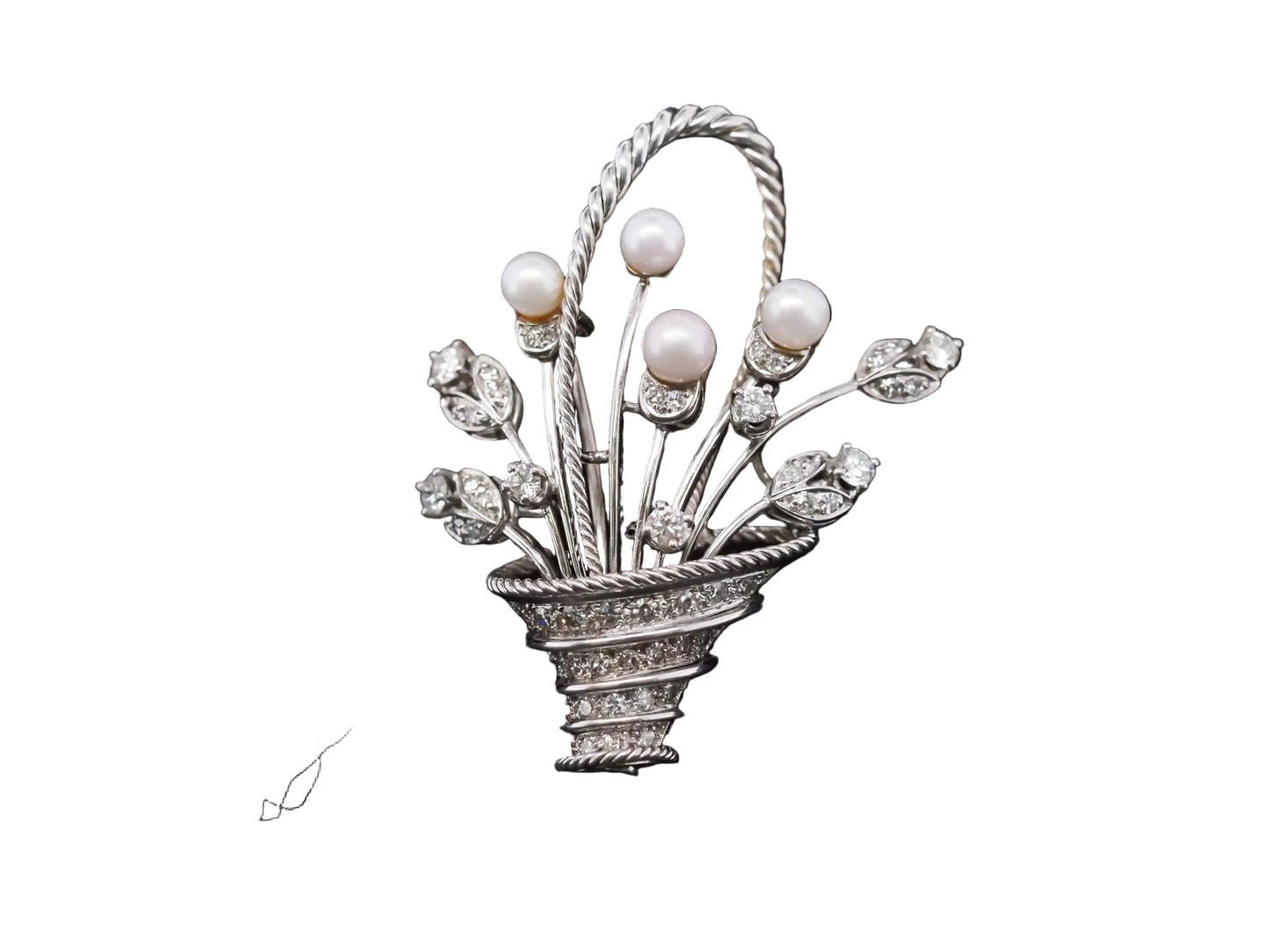 Vintage 18K White Gold Flower Boquet Brooch  Pearls and Diamond - VHK#850