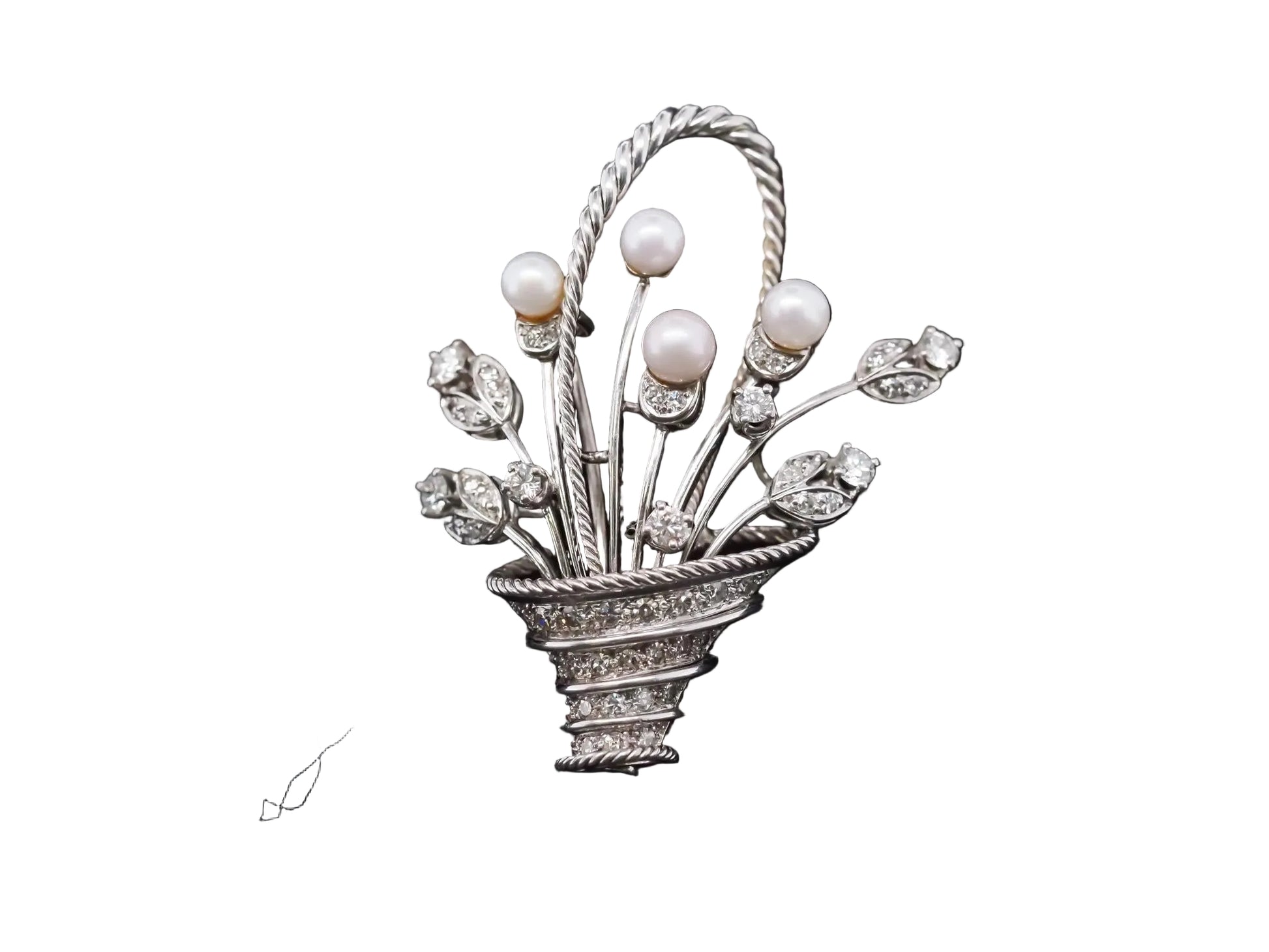 Vintage 18K White Gold Flower Boquet Brooch  Pearls and Diamond - VHK#850