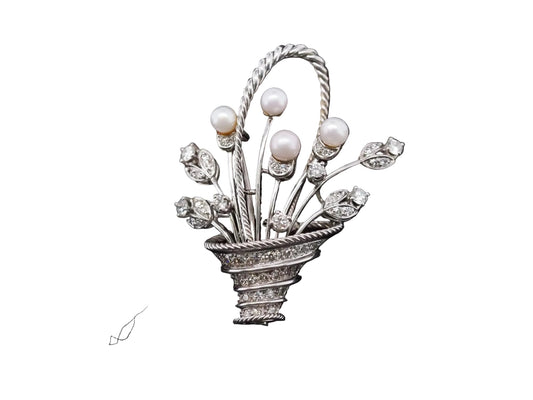 Vintage 18K White Gold Flower Boquet Brooch  Pearls and Diamond - VHK#850