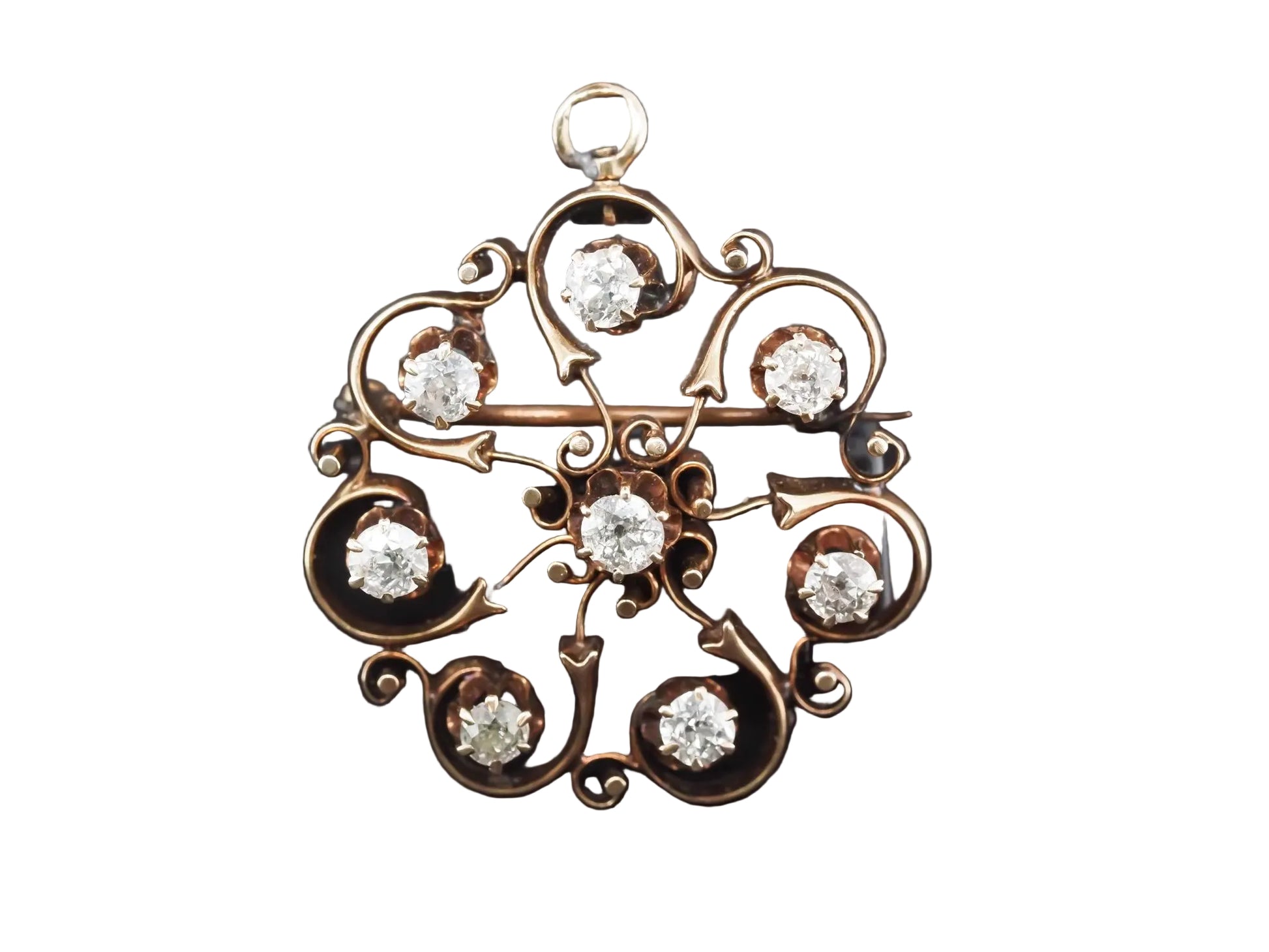 Circa 1900s 14K Yellow Gold Old Mine Diamond Pendant and Brooch - VHK#842