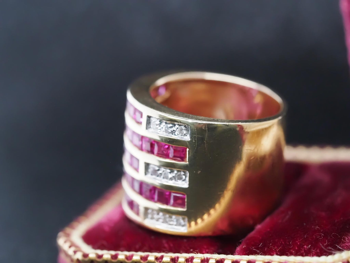 Vintage 14K Yellow Gold Ruby and Diamond Wide Band Ring - VHK#845