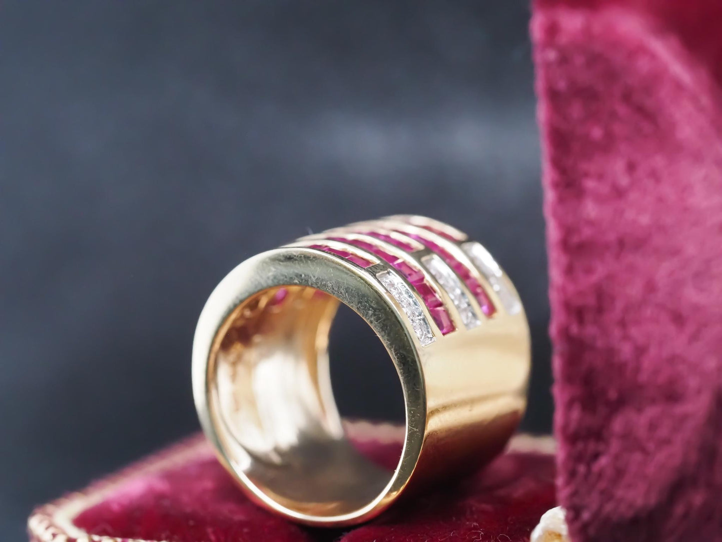Vintage 14K Yellow Gold Ruby and Diamond Wide Band Ring - VHK#845