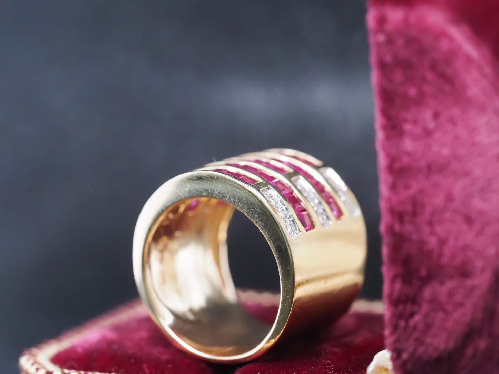 Vintage 14K Yellow Gold Ruby and Diamond Wide Band Ring - VHK#845