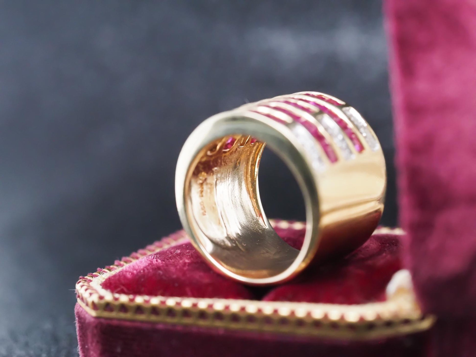 Vintage 14K Yellow Gold Ruby and Diamond Wide Band Ring - VHK#845