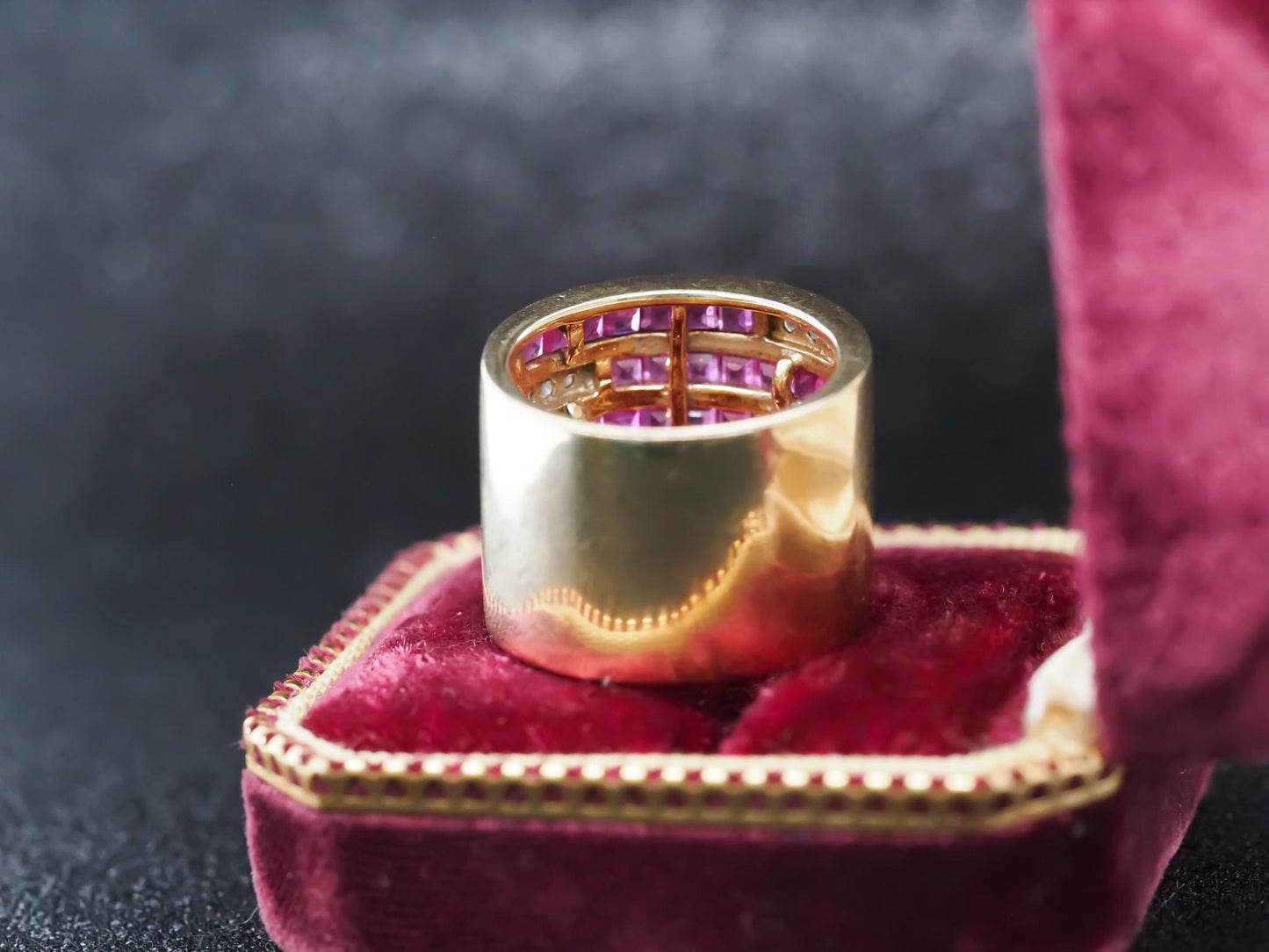 Vintage 14K Yellow Gold Ruby and Diamond Wide Band Ring - VHK#845