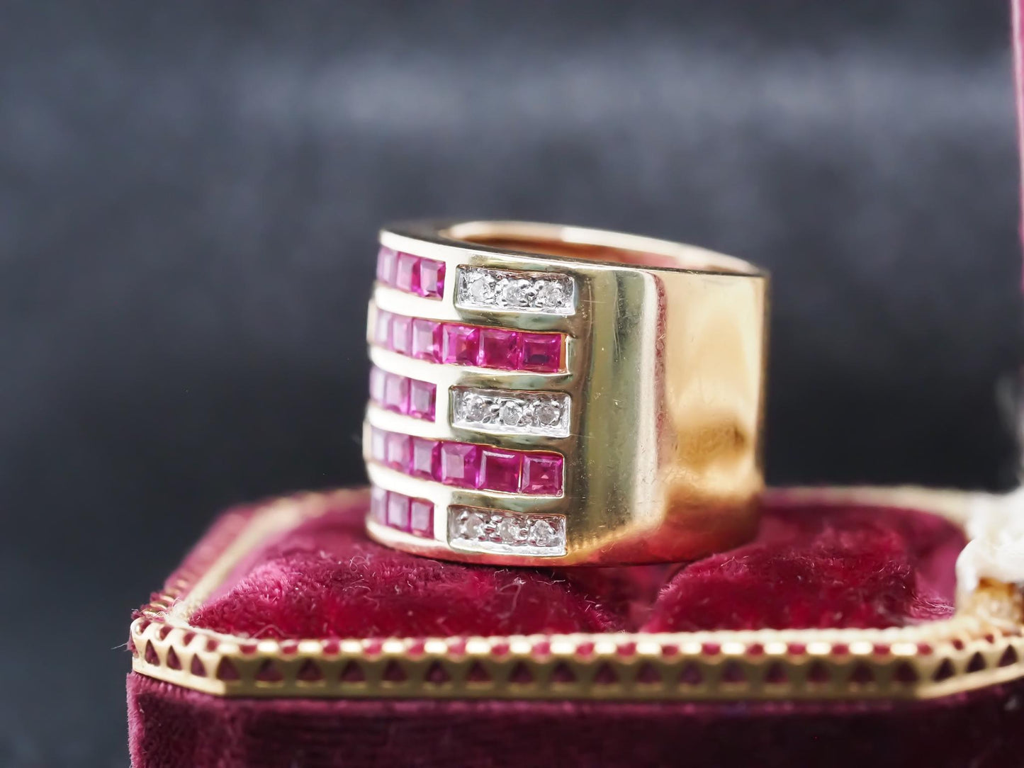 Vintage 14K Yellow Gold Ruby and Diamond Wide Band Ring - VHK#845