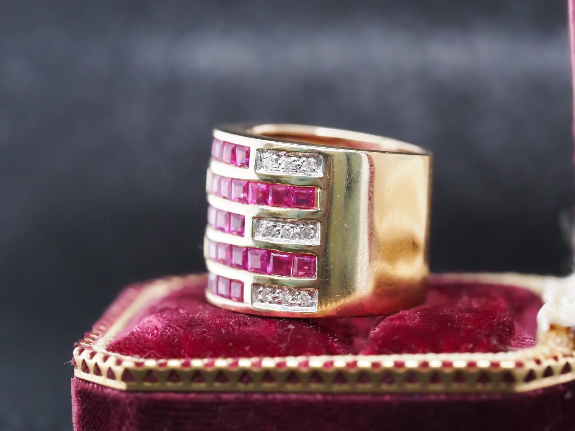 Vintage 14K Yellow Gold Ruby and Diamond Wide Band Ring - VHK#845