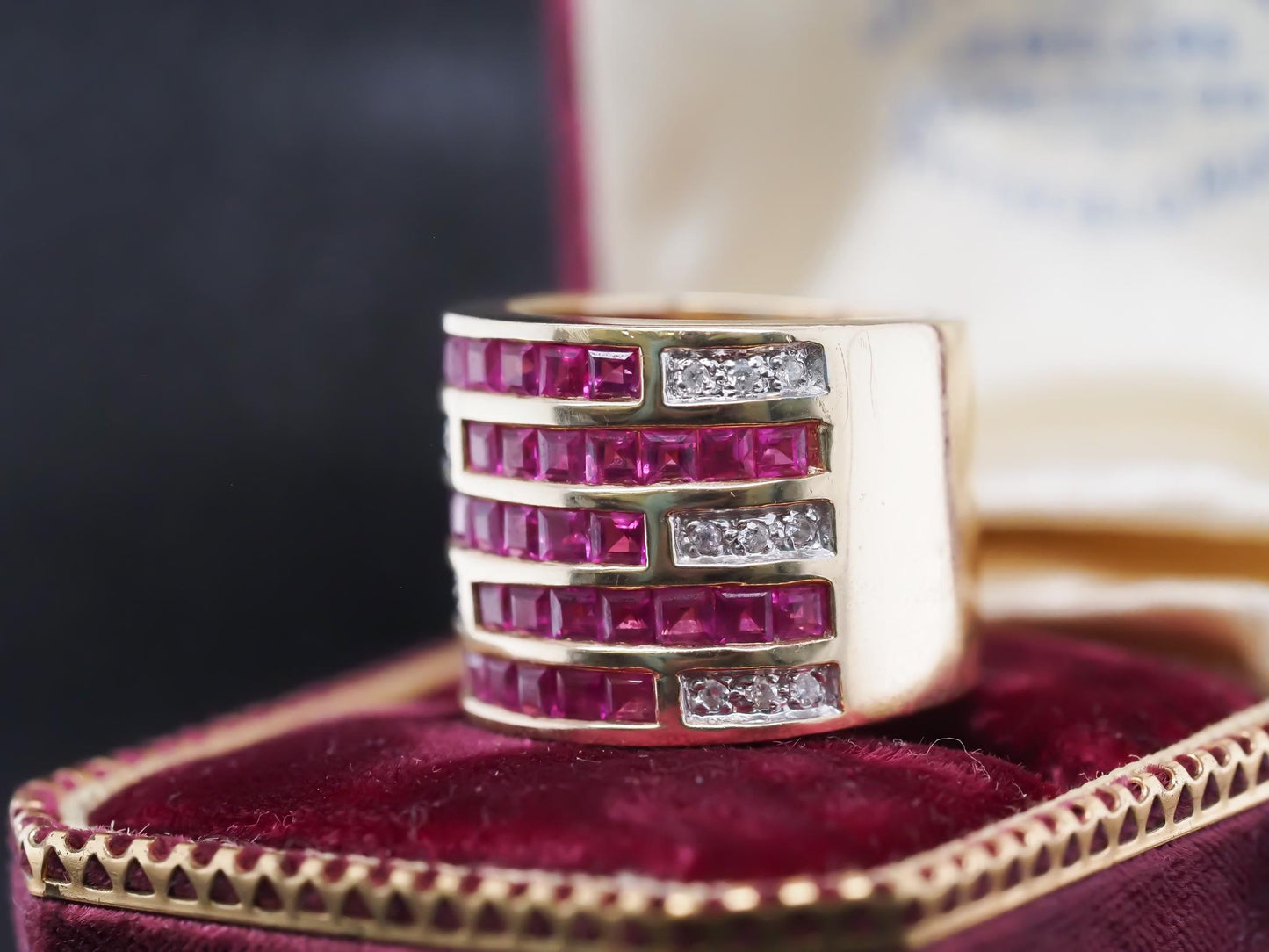 Vintage 14K Yellow Gold Ruby and Diamond Wide Band Ring - VHK#845