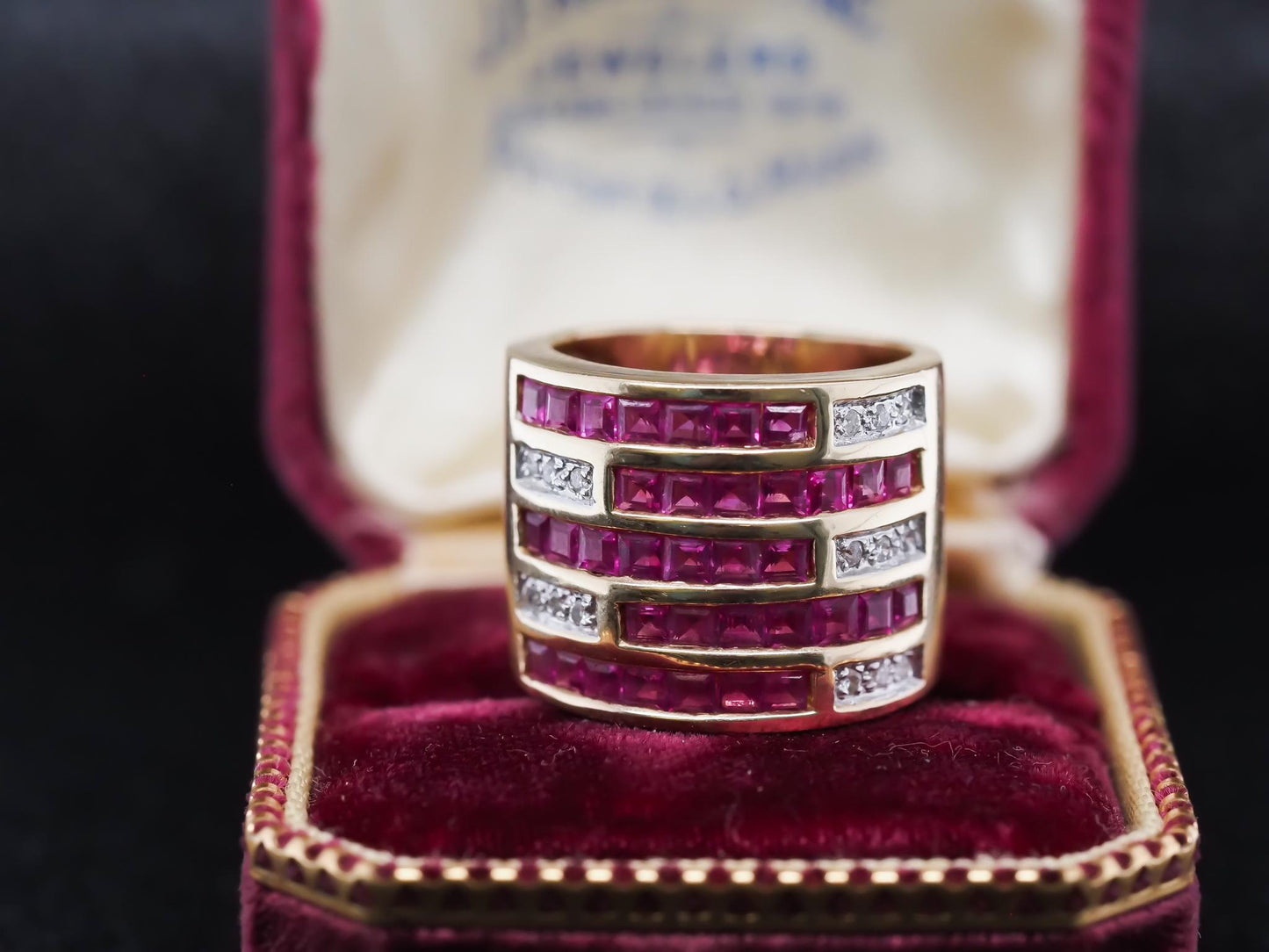 Vintage 14K Yellow Gold Ruby and Diamond Wide Band Ring - VHK#845