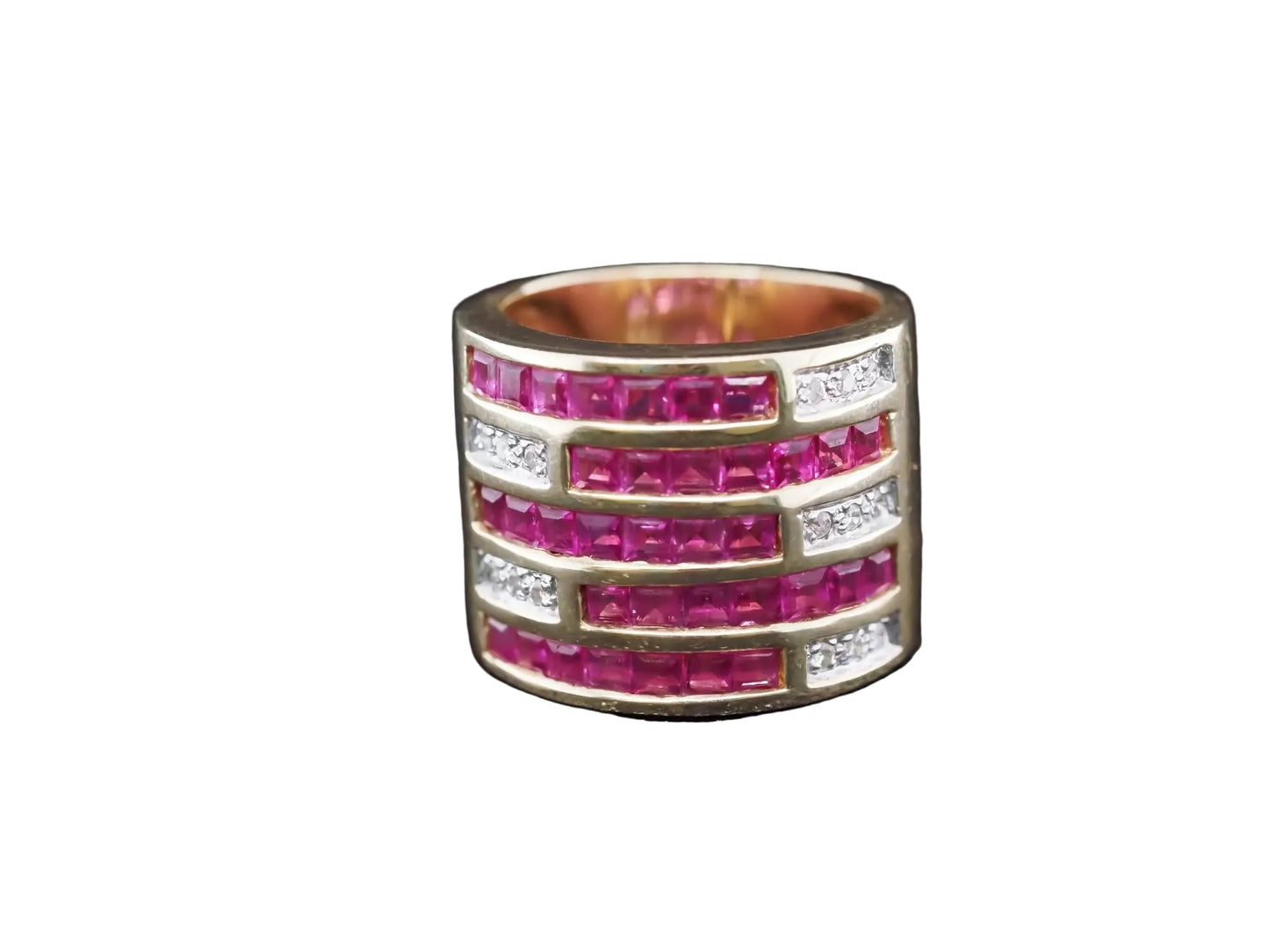 Vintage 14K Yellow Gold Ruby and Diamond Wide Band Ring - VHK#845