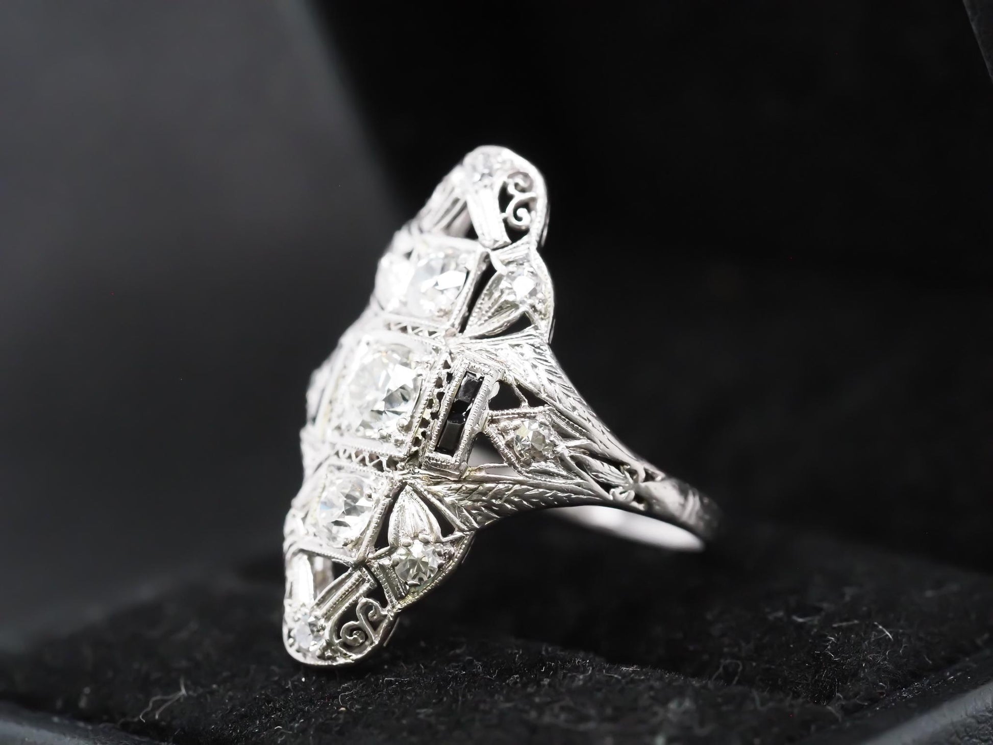 Circa 1920s Pltainum Old European Diamond and Onyx Ring - VHK#855