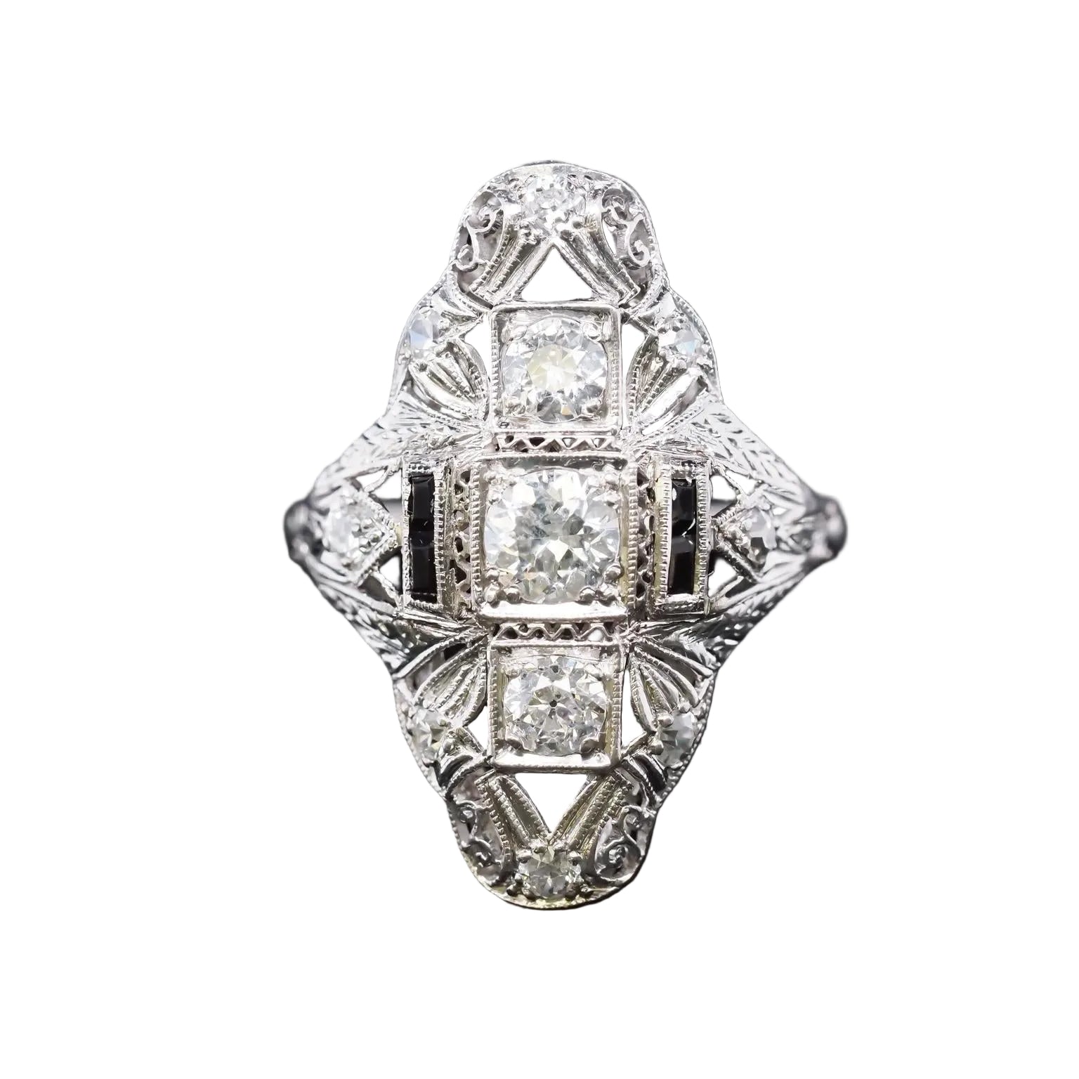 Circa 1920s Pltainum Old European Diamond and Onyx Ring - VHK#855