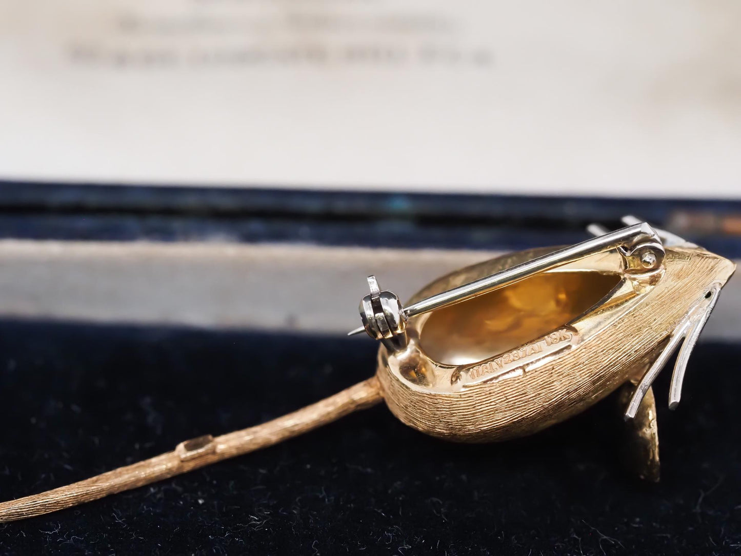 18K Yellow Gold Mouse Ruby Eyes with Long Tail Brooch Pin - VHK#857