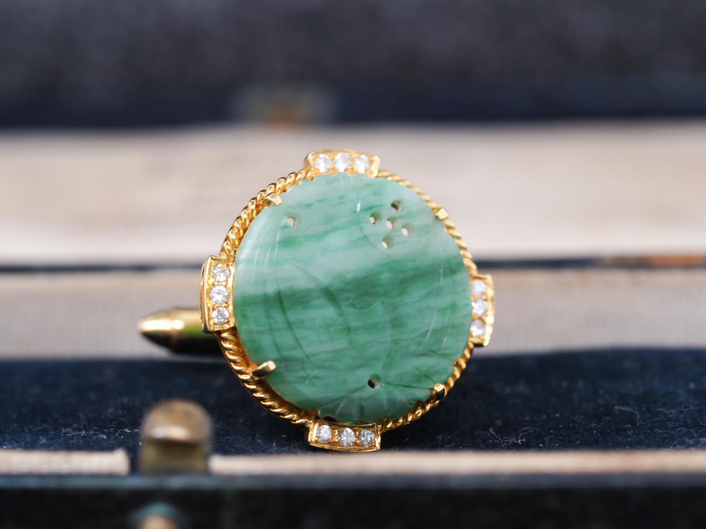 Vintage 18K Yellow Gold Jade and Diamond Cufflinks - VHK#873