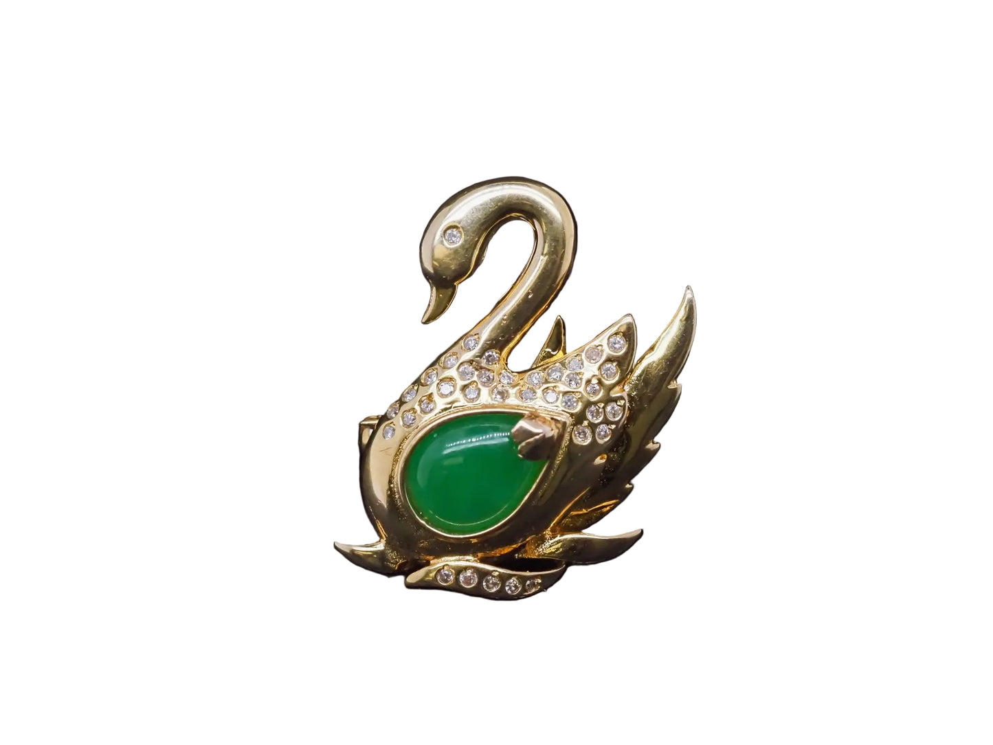 18K Yellow Gold Diamond and Jade Swan Brooch Pin - VHK#880