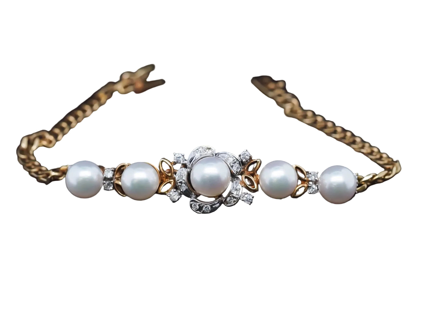 Vintage 14K Yellow Gold Diamond and Pearl Bracelet - VHK#883