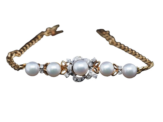 Vintage 14K Yellow Gold Diamond and Pearl Bracelet - VHK#883