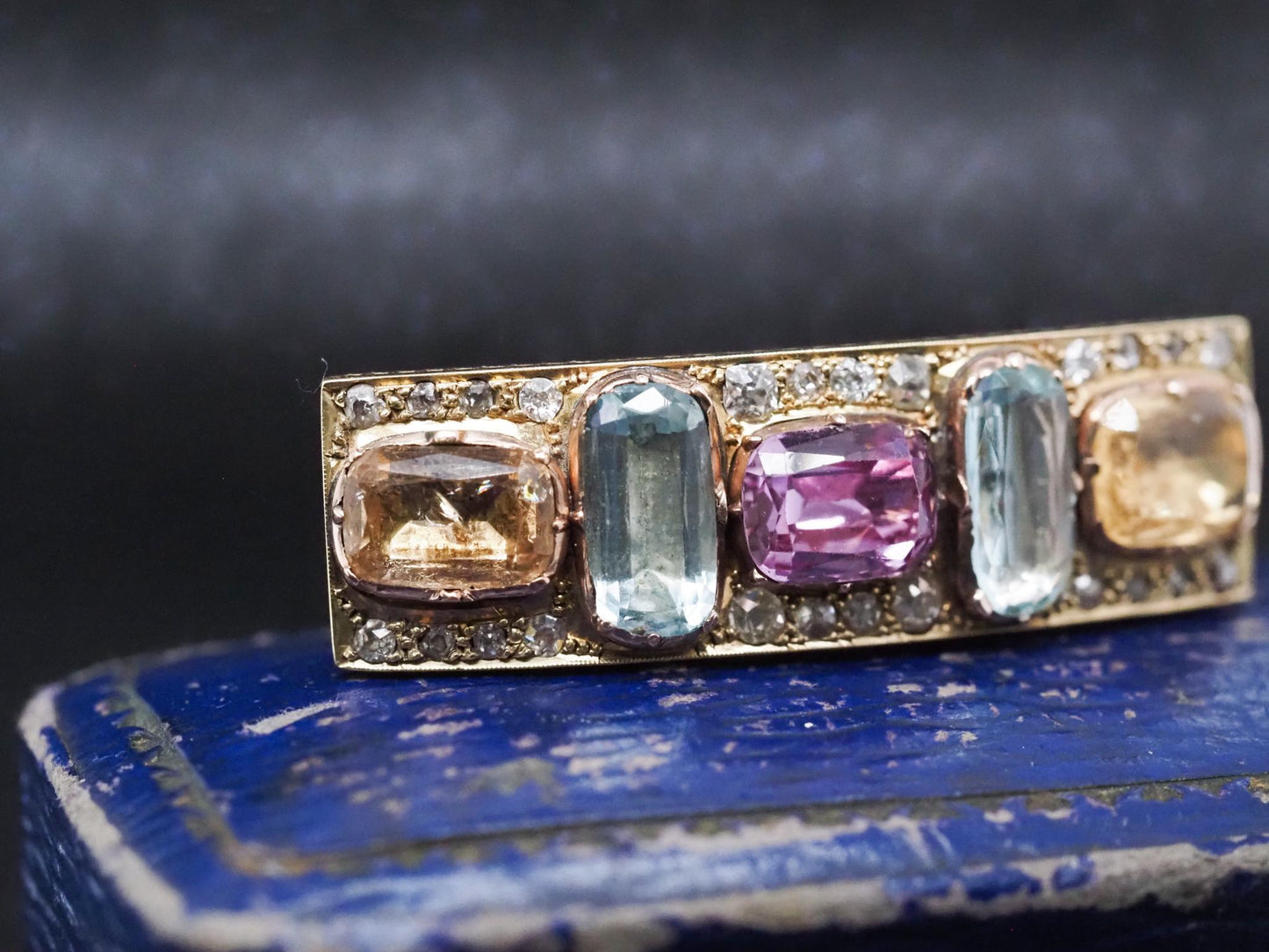 1850s 14K Yellow Gold Hair Pin/ Brooch with Aquamarine Citrine and Tourmaline