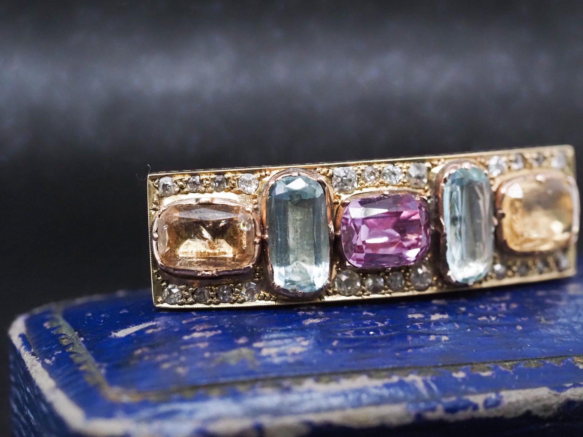 1850s 14K Yellow Gold Hair Pin/ Brooch with Aquamarine Citrine and Tourmaline