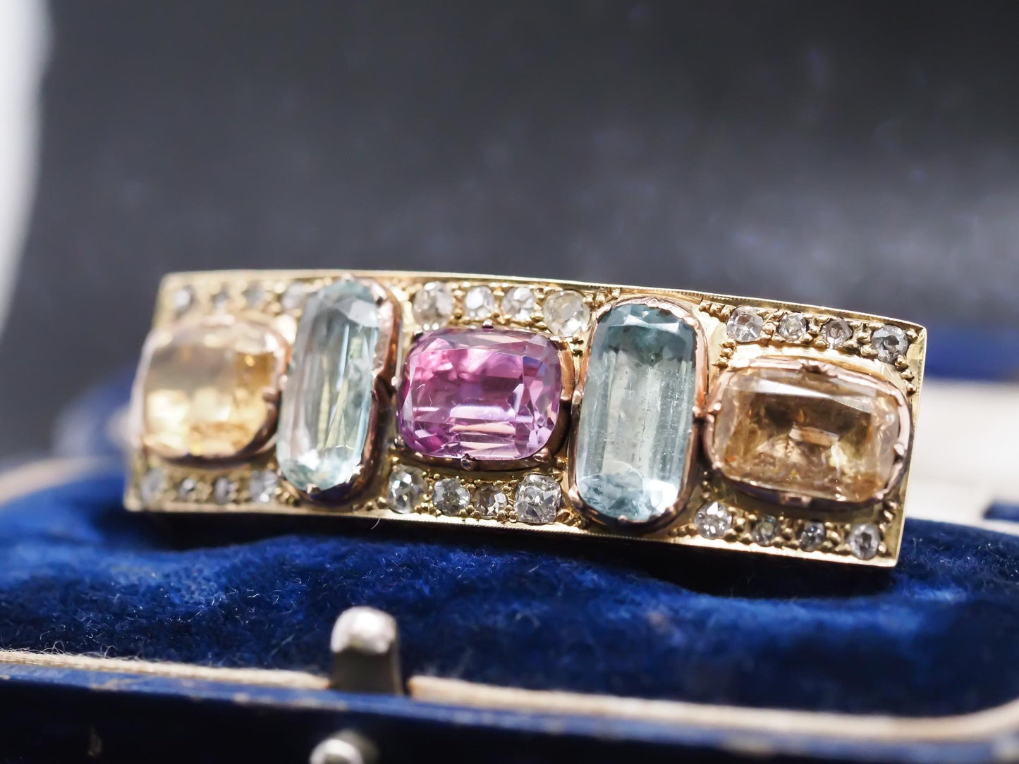 1850s 14K Yellow Gold Hair Pin/ Brooch with Aquamarine Citrine and Tourmaline