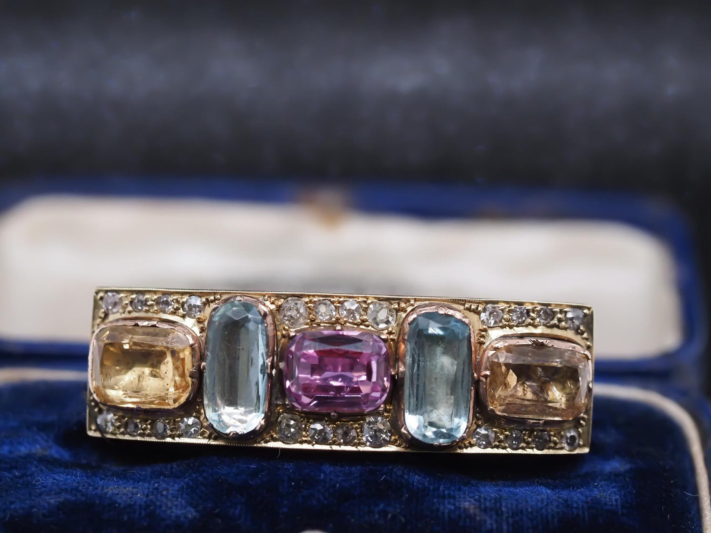 1850s 14K Yellow Gold Hair Pin/ Brooch with Aquamarine Citrine and Tourmaline