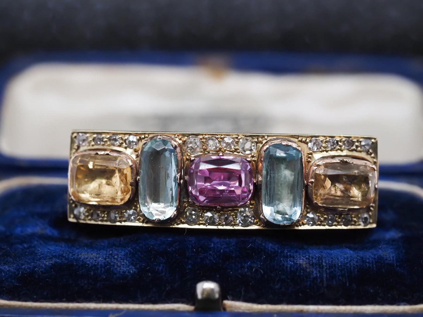 1850s 14K Yellow Gold Hair Pin/ Brooch with Aquamarine Citrine and Tourmaline