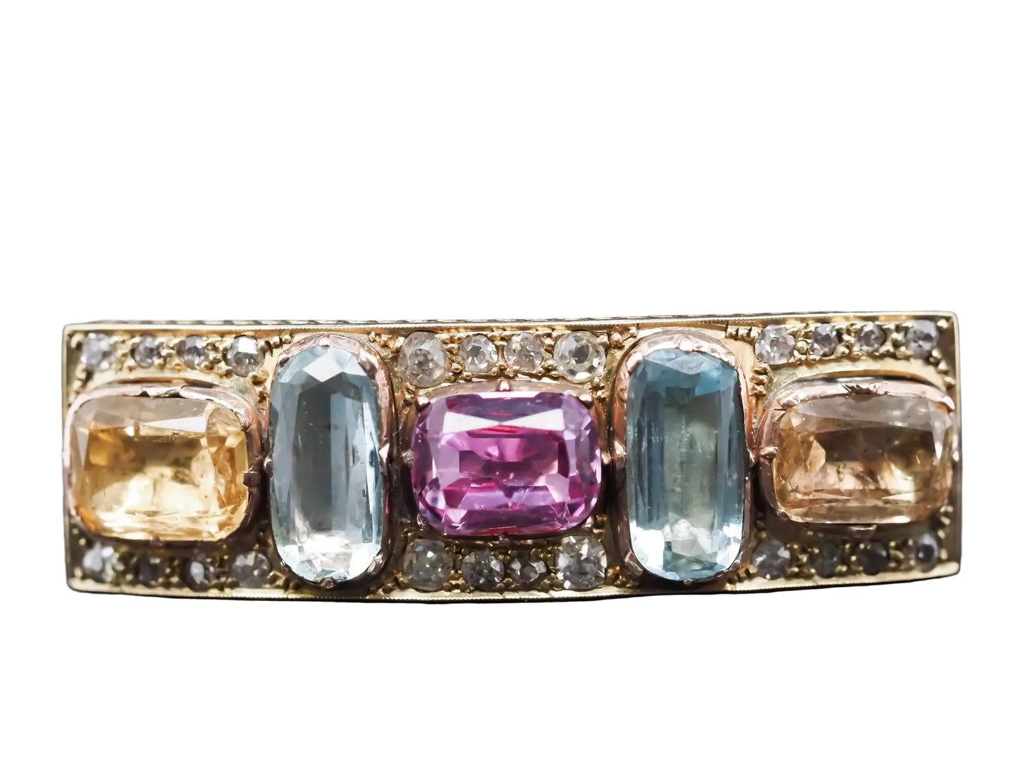 1850s 14K Yellow Gold Hair Pin/ Brooch with Aquamarine Citrine and Tourmaline