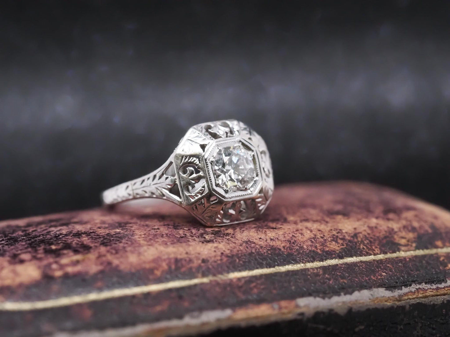Circa 1930s Art Deco 18K White Gold Old European Diamond Engagement Ring