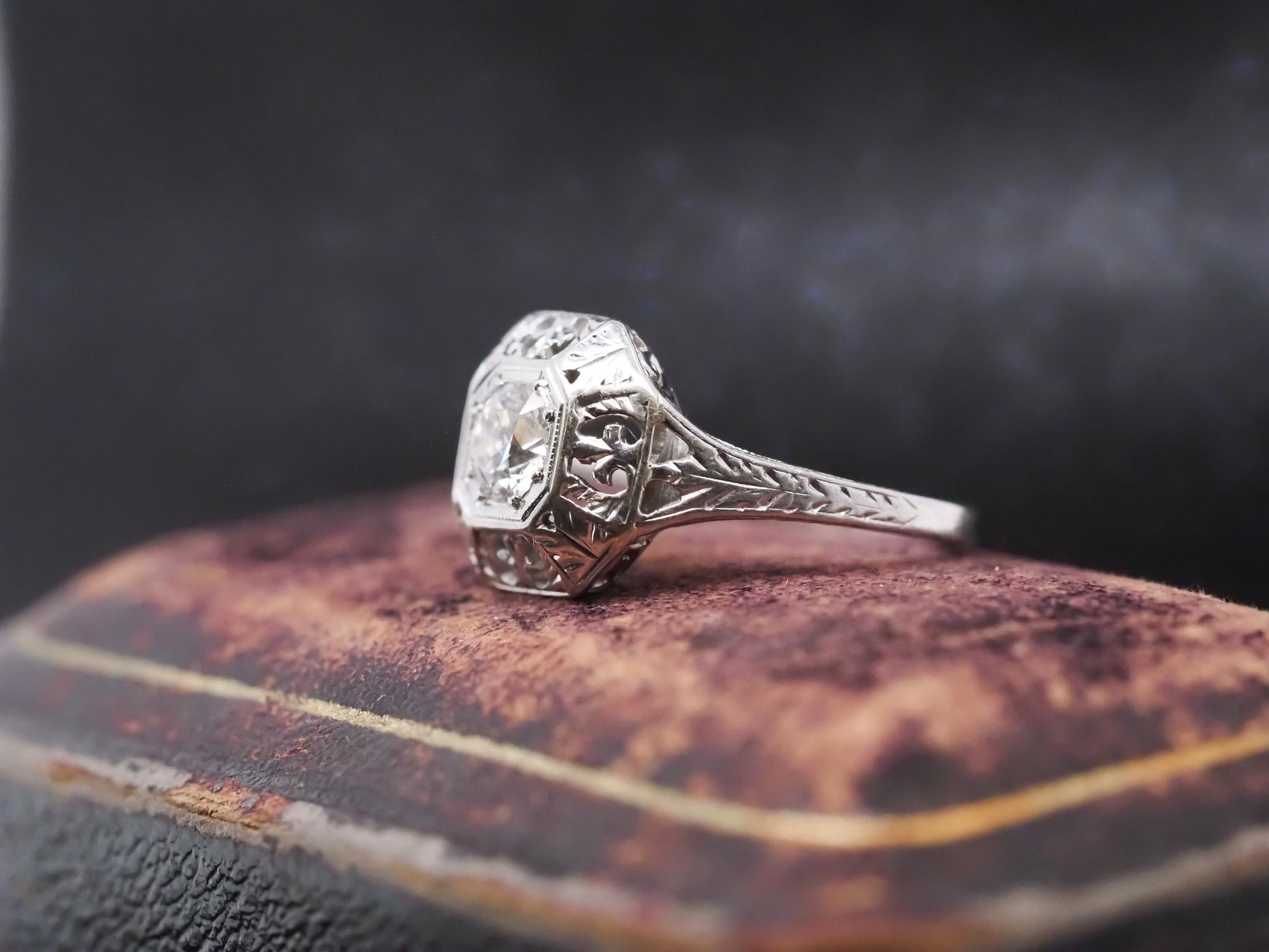 Circa 1930s Art Deco 18K White Gold Old European Diamond Engagement Ring
