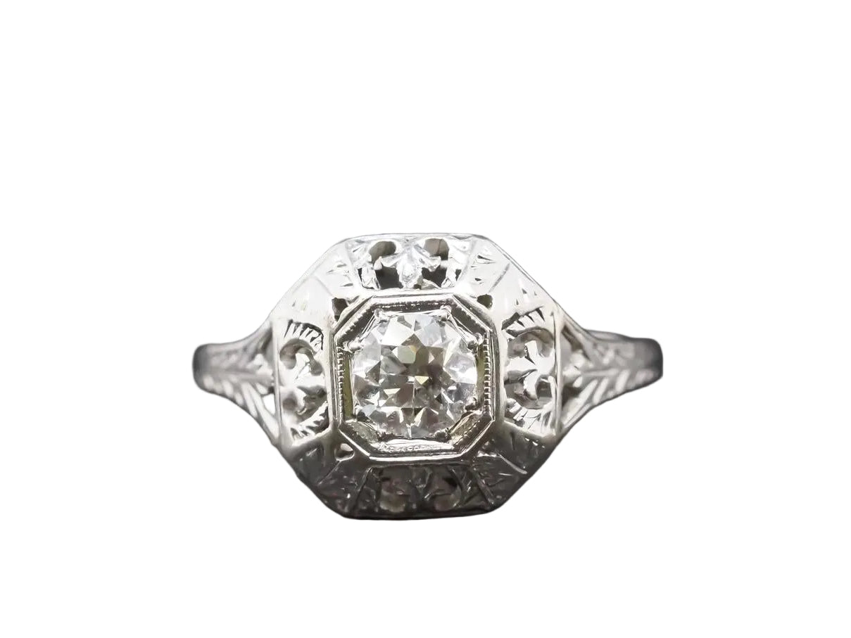 Circa 1930s Art Deco 18K White Gold Old European Diamond Engagement Ring