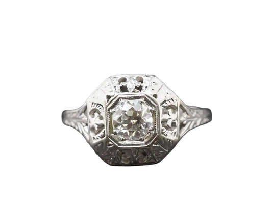 Circa 1930s Art Deco 18K White Gold Old European Diamond Engagement Ring