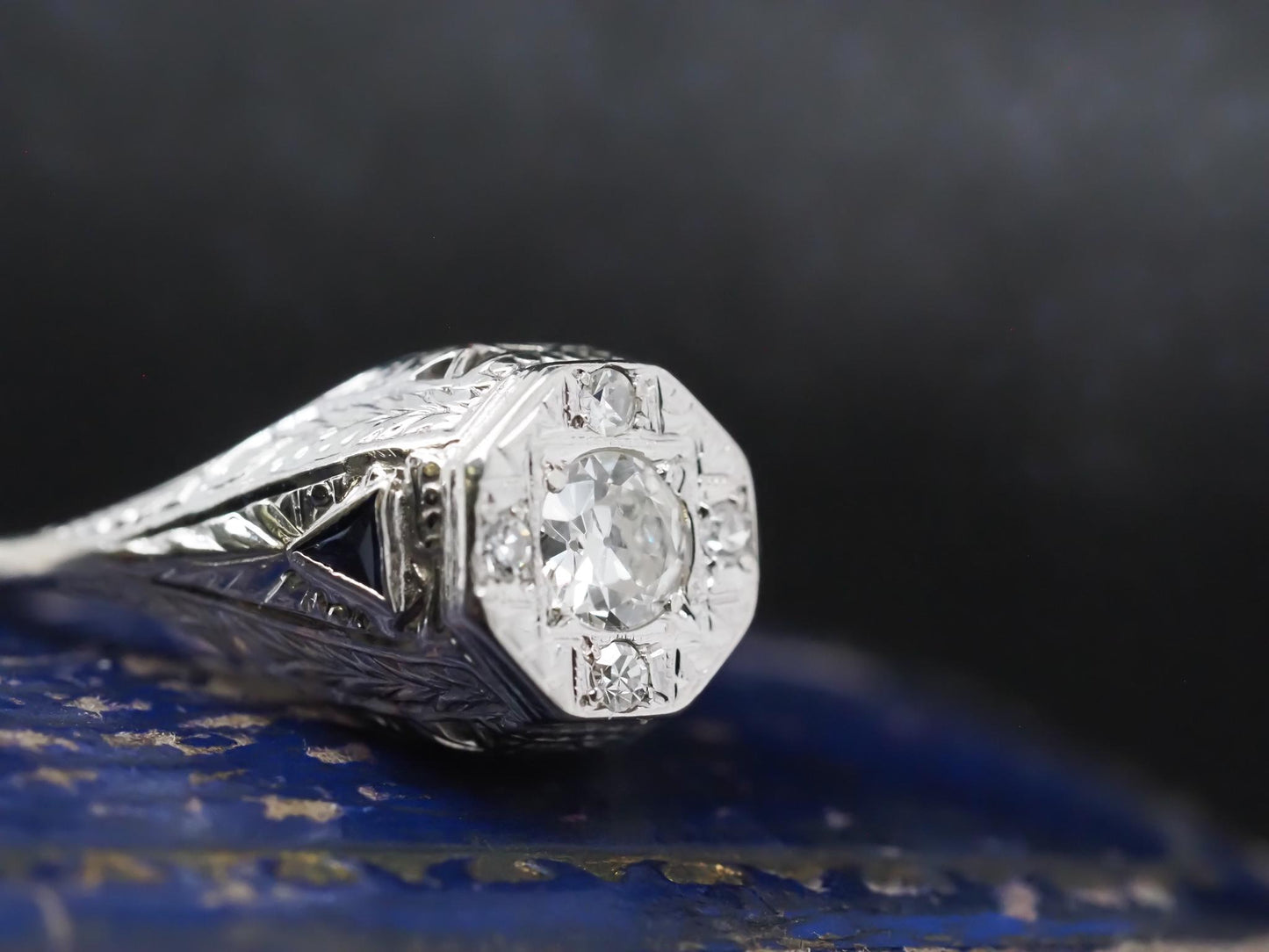 1920s 14K White Gold Art Deco Old European Diamond Ring with Sapphire Accents -