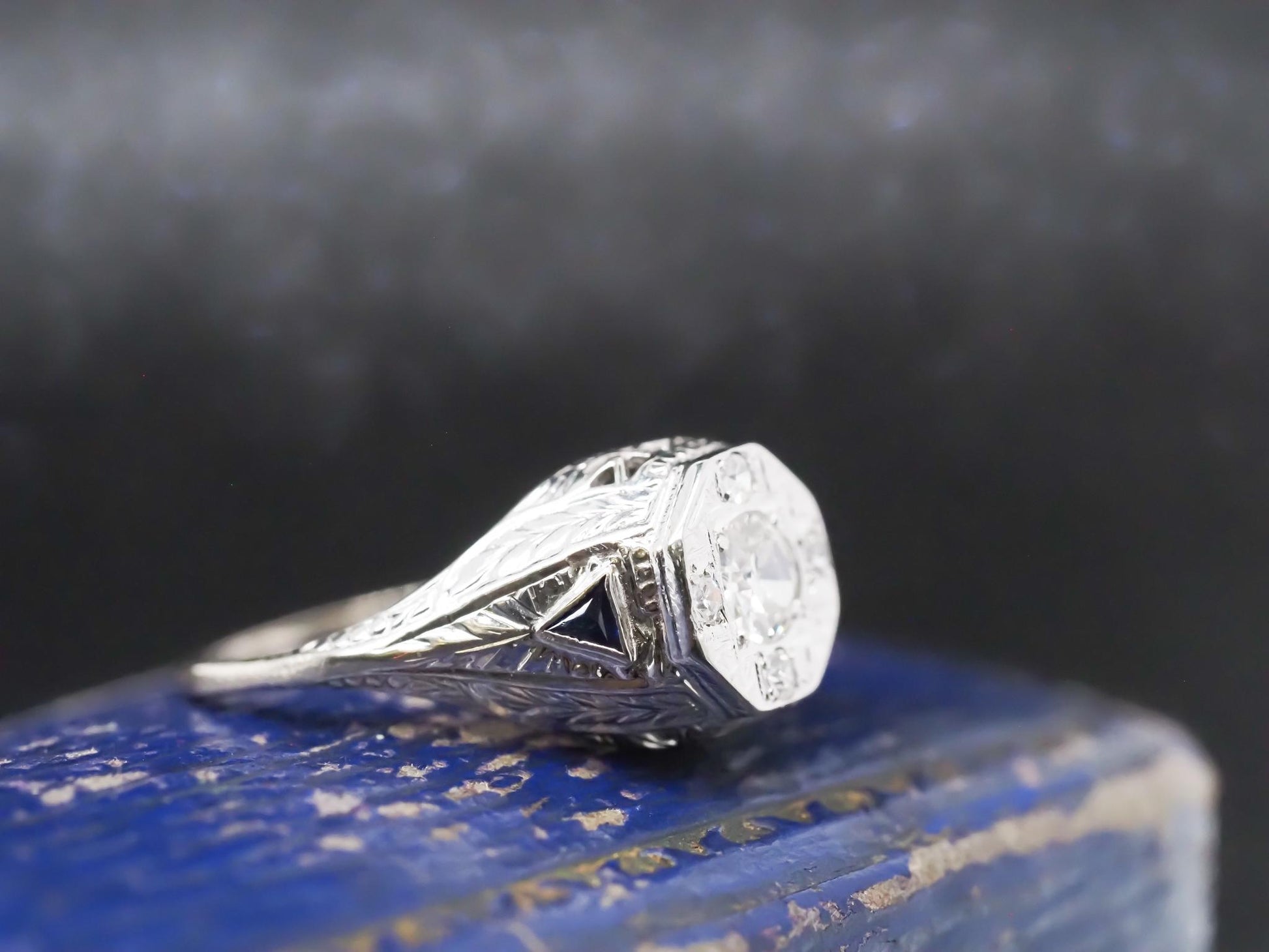 1920s 14K White Gold Art Deco Old European Diamond Ring with Sapphire Accents -