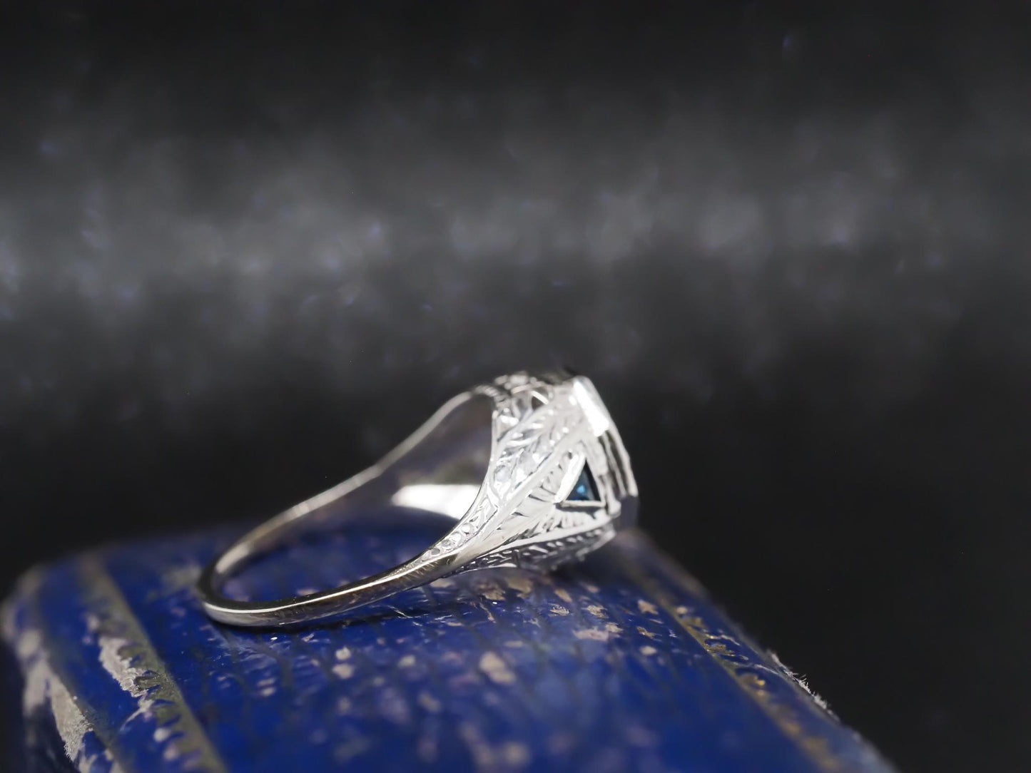 1920s 14K White Gold Art Deco Old European Diamond Ring with Sapphire Accents -