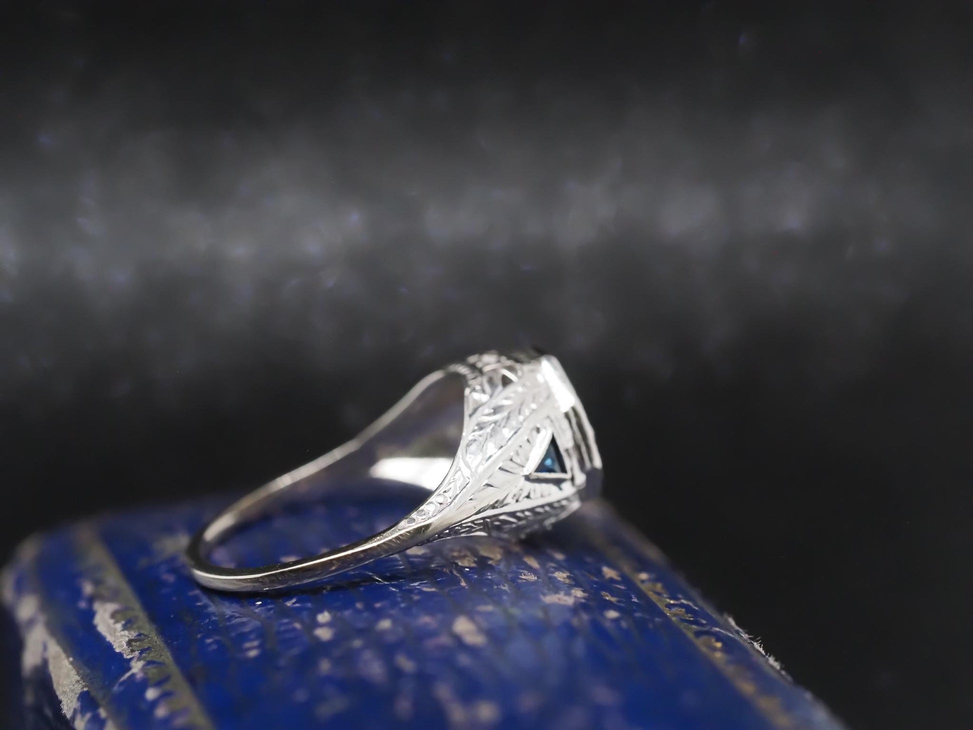 1920s 14K White Gold Art Deco Old European Diamond Ring with Sapphire Accents -