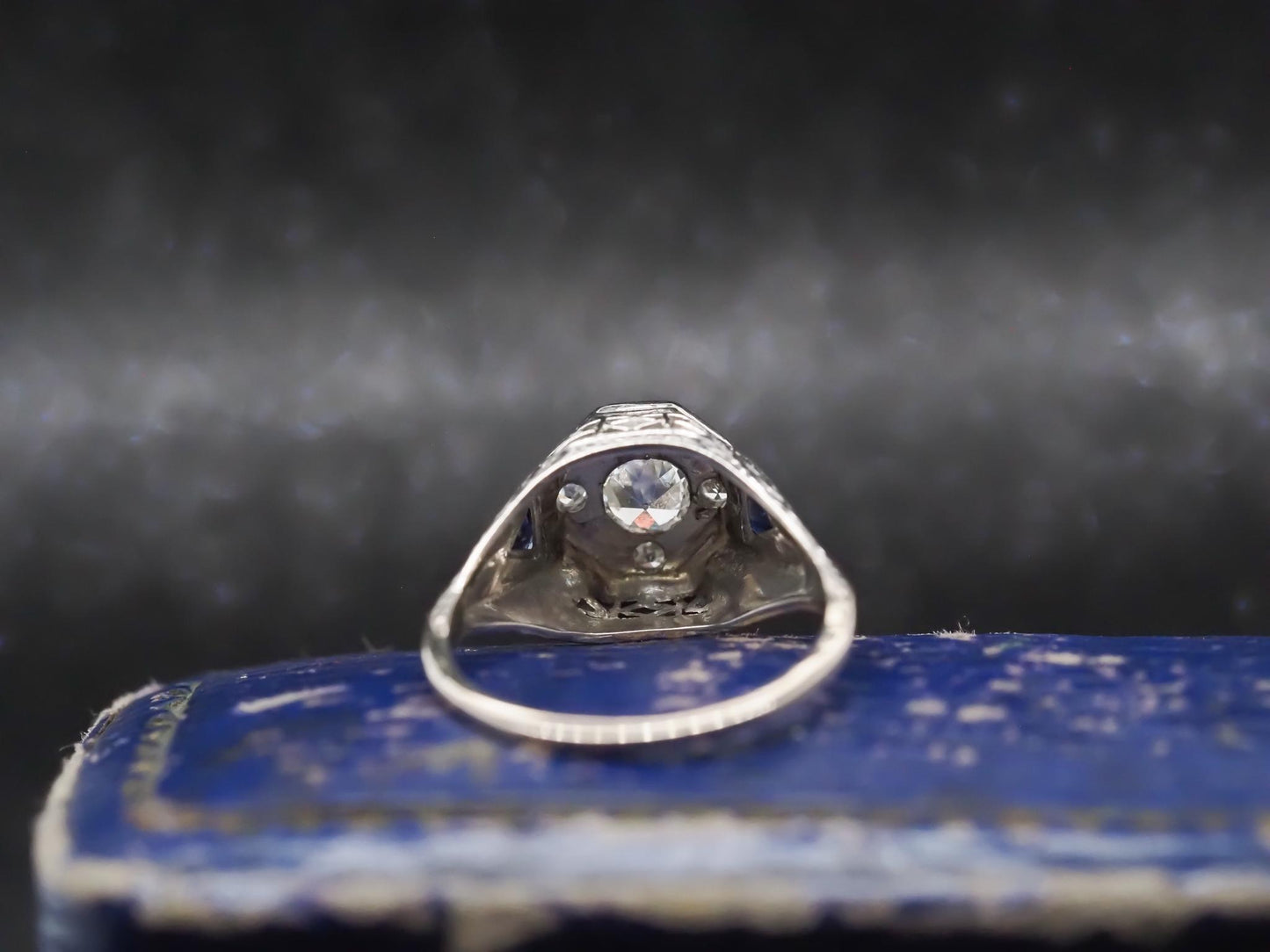 1920s 14K White Gold Art Deco Old European Diamond Ring with Sapphire Accents -
