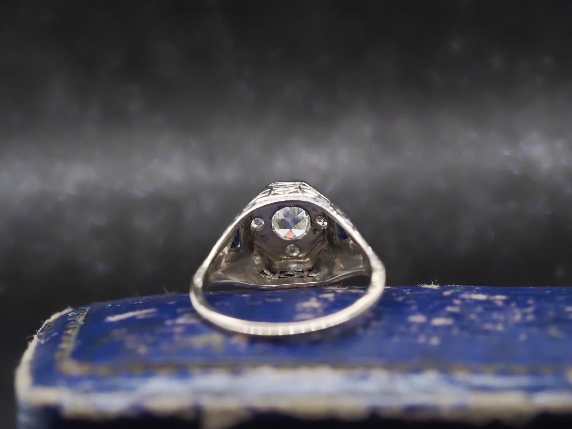 1920s 14K White Gold Art Deco Old European Diamond Ring with Sapphire Accents -