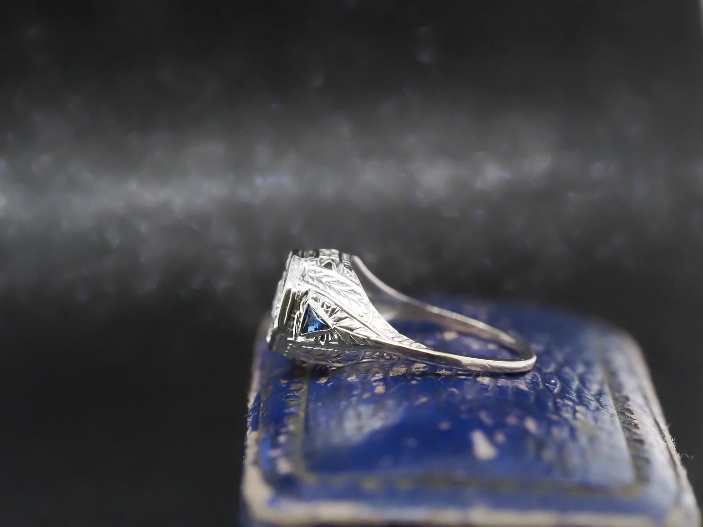 1920s 14K White Gold Art Deco Old European Diamond Ring with Sapphire Accents -