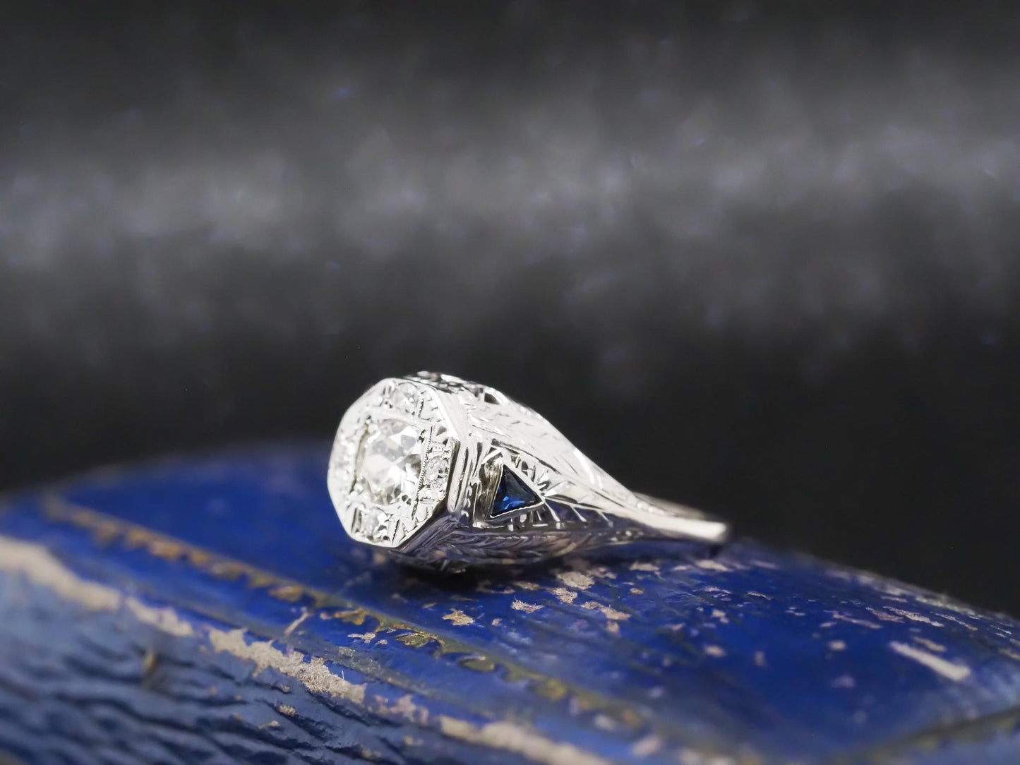1920s 14K White Gold Art Deco Old European Diamond Ring with Sapphire Accents -