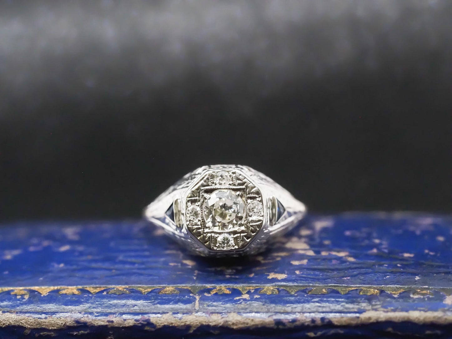 1920s 14K White Gold Art Deco Old European Diamond Ring with Sapphire Accents -