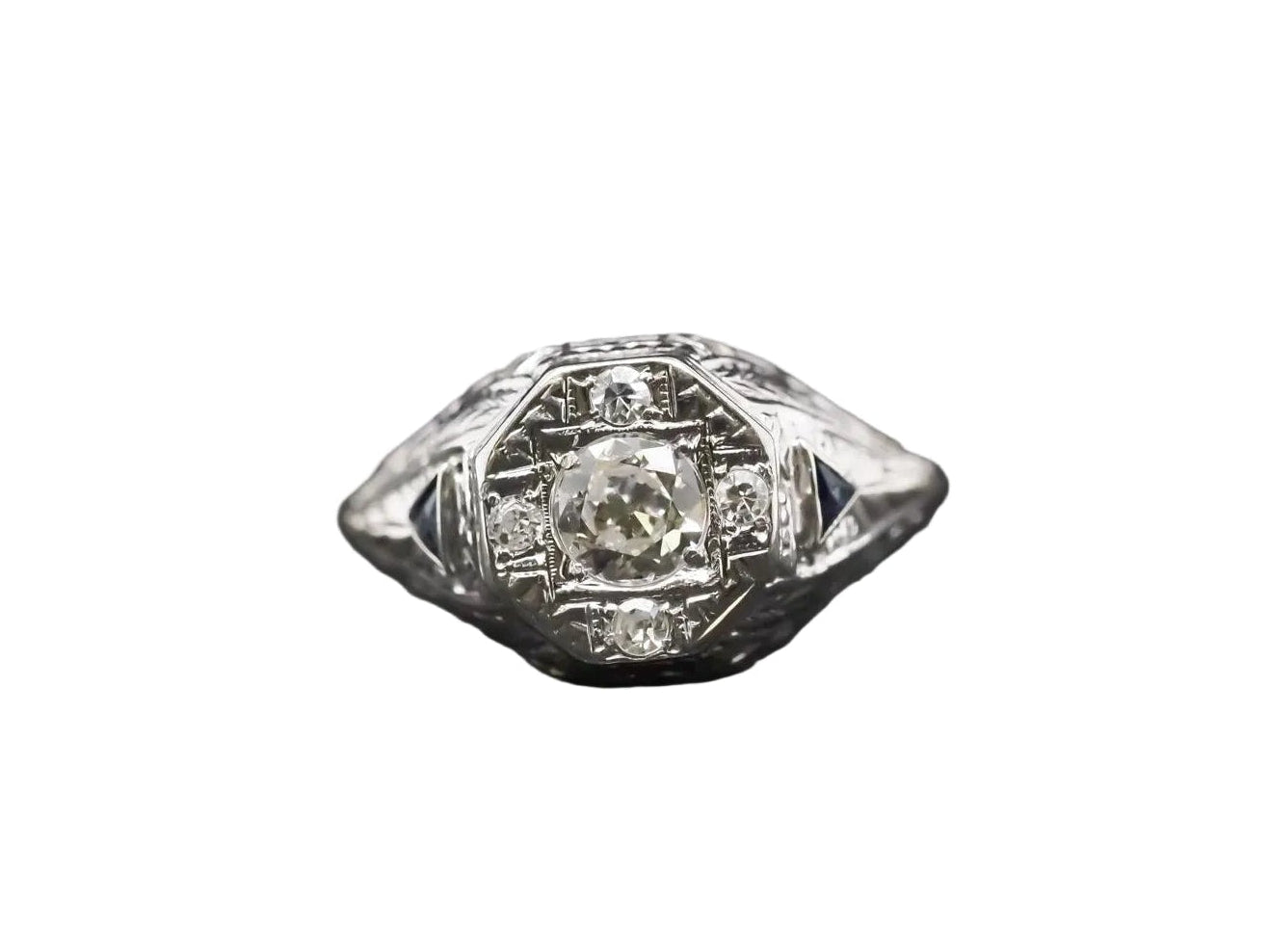 1920s 14K White Gold Art Deco Old European Diamond Ring with Sapphire Accents -