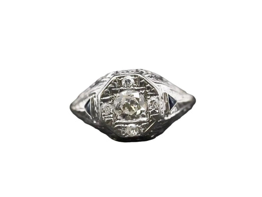 1920s 14K White Gold Art Deco Old European Diamond Ring with Sapphire Accents -