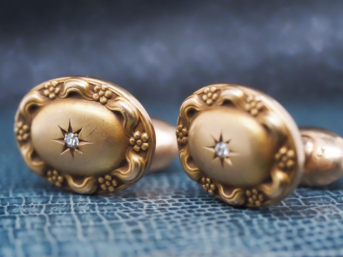 14K Yellow Gold Art Nouveau Old Mine Diamond Cufflinks
