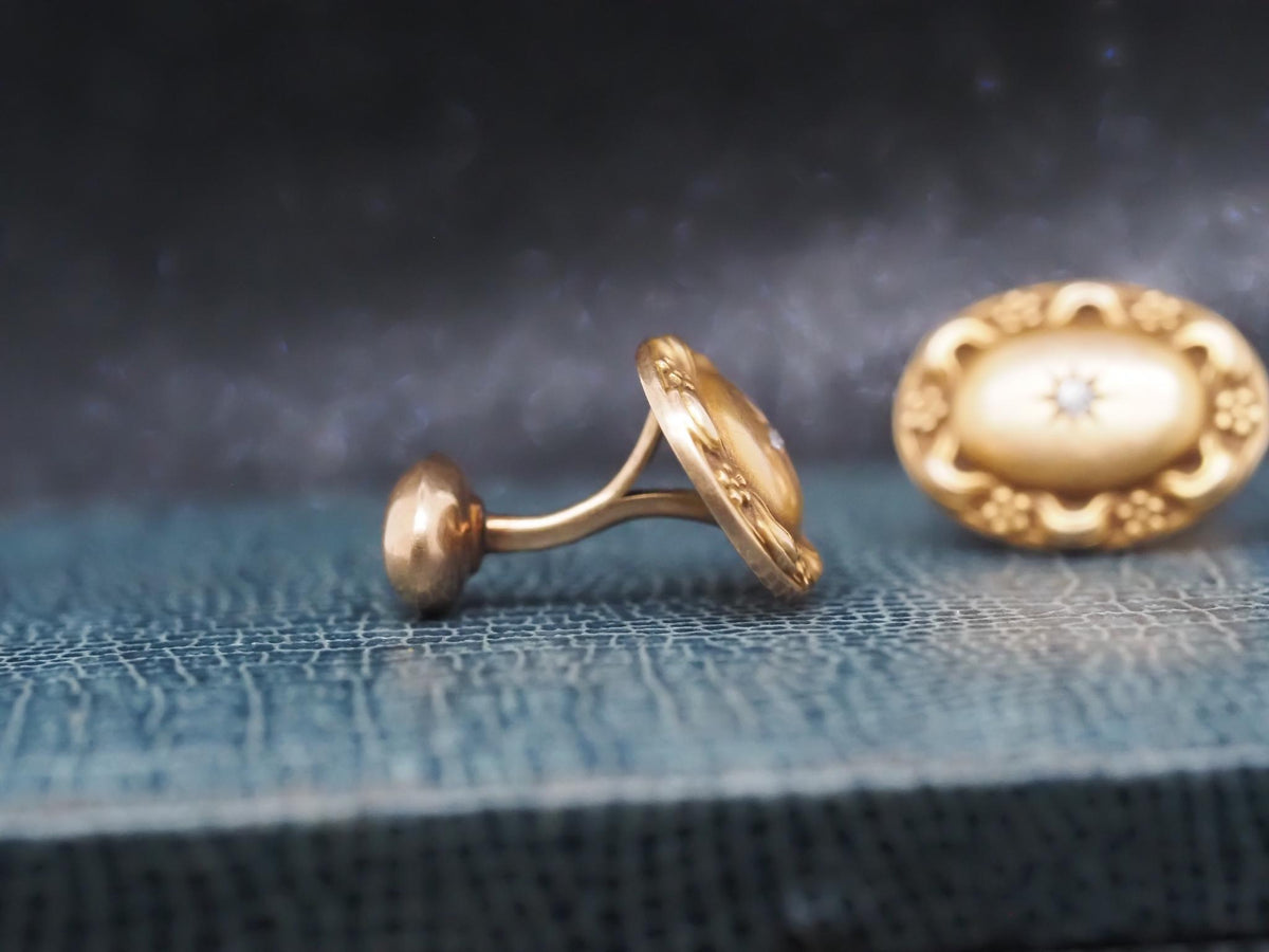 14K Yellow Gold Art Nouveau Old Mine Diamond Cufflinks