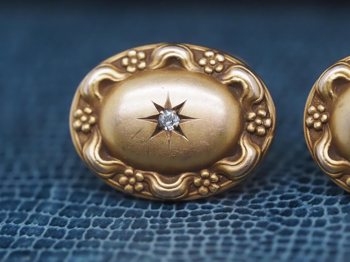 14K Yellow Gold Art Nouveau Old Mine Diamond Cufflinks