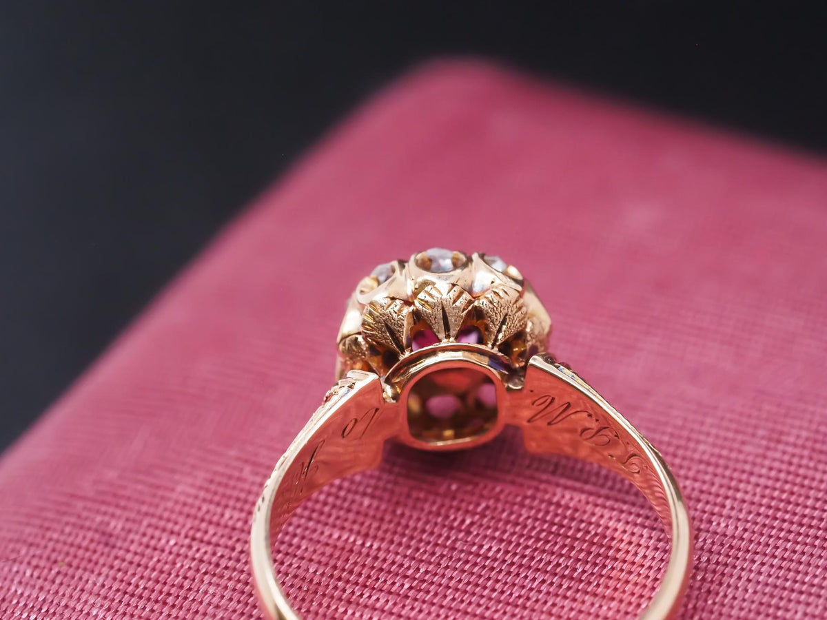 Victorian 18K Yellow Gold Ruby and Rose Cut Diamond Ring